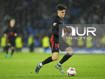 Pau Victor centre-forward of Barcelona and Spain in action during the LaLiga match between Real Sociedad and FC Barcelona at Reale Arena on...