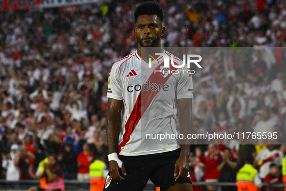 Miguel Borja of River Plate celebrates after scoring the team's second goal during a Liga Profesional 2024 match between River Plate and Bar...