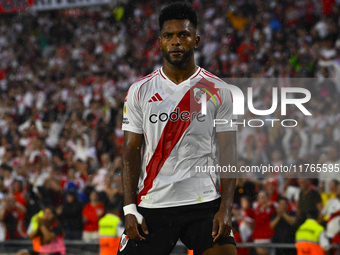 Miguel Borja of River Plate celebrates after scoring the team's second goal during a Liga Profesional 2024 match between River Plate and Bar...