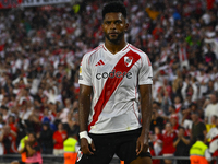 Miguel Borja of River Plate celebrates after scoring the team's second goal during a Liga Profesional 2024 match between River Plate and Bar...