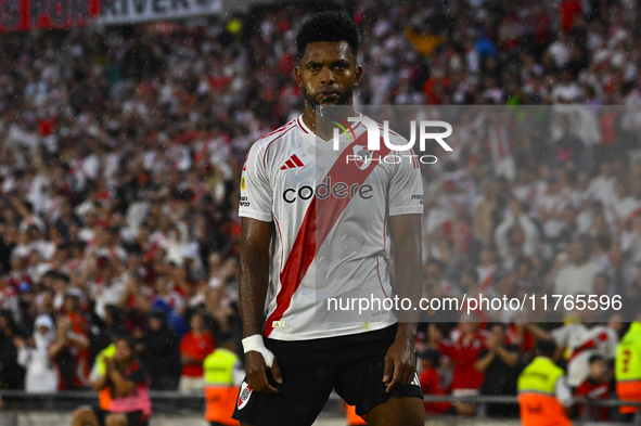 Miguel Borja of River Plate celebrates after scoring the team's second goal during a Liga Profesional 2024 match between River Plate and Bar...