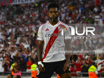 Miguel Borja of River Plate celebrates after scoring the team's second goal during a Liga Profesional 2024 match between River Plate and Bar...