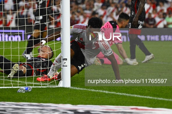 Miguel Borja of River Plate celebrates after scoring the team's second goal during a Liga Profesional 2024 match between River Plate and Bar...