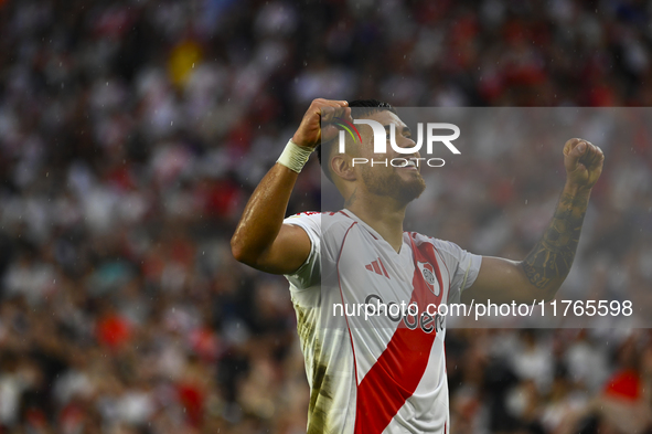 Paulo Diaz of River Plate celebrates after scoring the team's third goal during a Liga Profesional 2024 match between River Plate and Barrac...