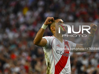 Paulo Diaz of River Plate celebrates after scoring the team's third goal during a Liga Profesional 2024 match between River Plate and Barrac...