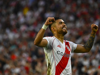 Paulo Diaz of River Plate celebrates after scoring the team's third goal during a Liga Profesional 2024 match between River Plate and Barrac...