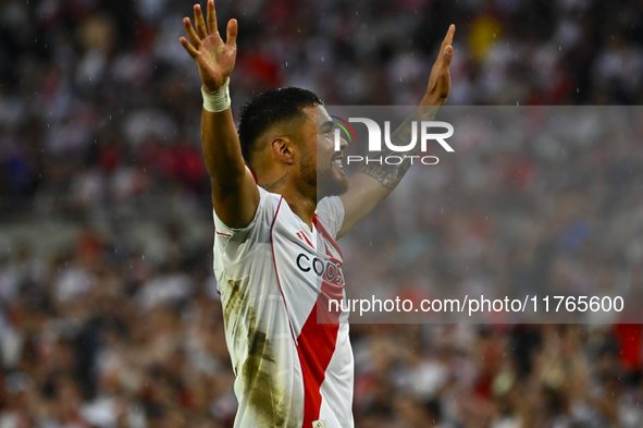 Paulo Diaz of River Plate celebrates after scoring the team's third goal during a Liga Profesional 2024 match between River Plate and Barrac...