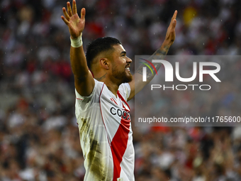 Paulo Diaz of River Plate celebrates after scoring the team's third goal during a Liga Profesional 2024 match between River Plate and Barrac...