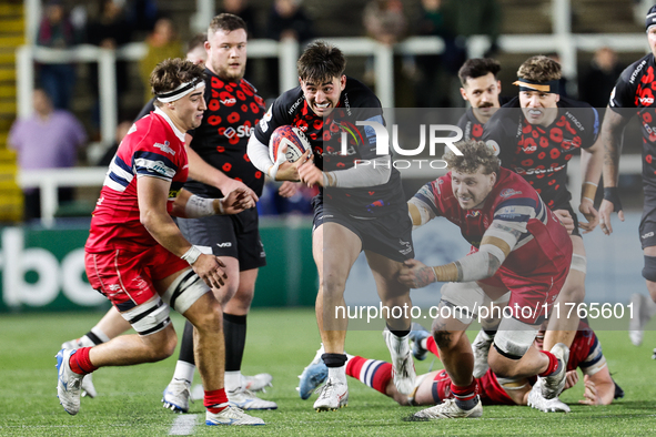 Ethan Grayson of Newcastle Falcons makes a break during the Premiership Cup Pool A match between Newcastle Falcons and Doncaster Knights at...