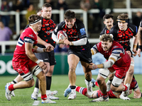 Ethan Grayson of Newcastle Falcons makes a break during the Premiership Cup Pool A match between Newcastle Falcons and Doncaster Knights at...