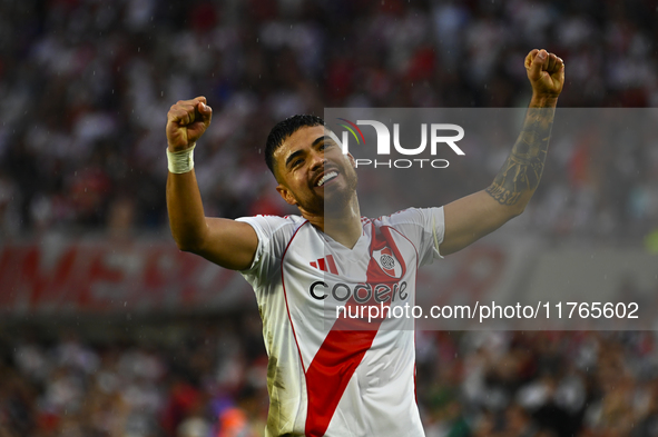 Paulo Diaz of River Plate celebrates after scoring the team's third goal during a Liga Profesional 2024 match between River Plate and Barrac...