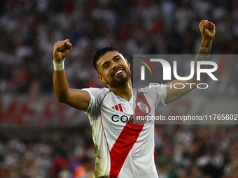 Paulo Diaz of River Plate celebrates after scoring the team's third goal during a Liga Profesional 2024 match between River Plate and Barrac...