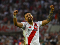 Paulo Diaz of River Plate celebrates after scoring the team's third goal during a Liga Profesional 2024 match between River Plate and Barrac...