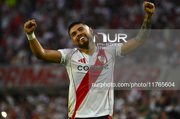 Paulo Diaz of River Plate celebrates after scoring the team's third goal during a Liga Profesional 2024 match between River Plate and Barrac...