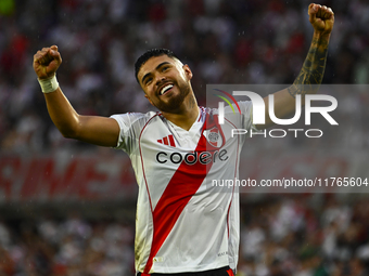 Paulo Diaz of River Plate celebrates after scoring the team's third goal during a Liga Profesional 2024 match between River Plate and Barrac...