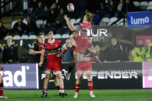 Zach Kerr of Doncaster Knights jumps during the Premiership Cup Pool A match between Newcastle Falcons and Doncaster Knights at Kingston Par...