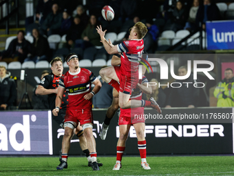 Zach Kerr of Doncaster Knights jumps during the Premiership Cup Pool A match between Newcastle Falcons and Doncaster Knights at Kingston Par...