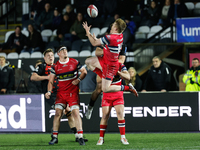 Zach Kerr of Doncaster Knights jumps during the Premiership Cup Pool A match between Newcastle Falcons and Doncaster Knights at Kingston Par...