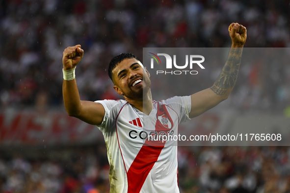 Paulo Diaz of River Plate celebrates after scoring the team's third goal during a Liga Profesional 2024 match between River Plate and Barrac...