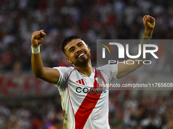 Paulo Diaz of River Plate celebrates after scoring the team's third goal during a Liga Profesional 2024 match between River Plate and Barrac...