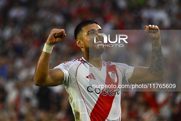 Paulo Diaz of River Plate celebrates after scoring the team's third goal during a Liga Profesional 2024 match between River Plate and Barrac...