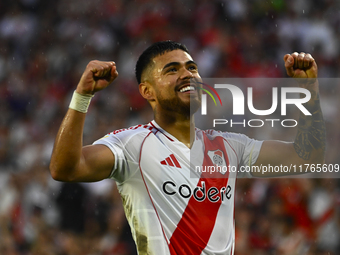 Paulo Diaz of River Plate celebrates after scoring the team's third goal during a Liga Profesional 2024 match between River Plate and Barrac...