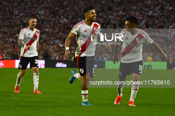 Paulo Diaz of River Plate celebrates after scoring the team's third goal during a Liga Profesional 2024 match between River Plate and Barrac...