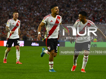 Paulo Diaz of River Plate celebrates after scoring the team's third goal during a Liga Profesional 2024 match between River Plate and Barrac...