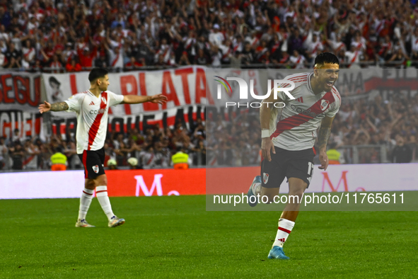 Paulo Diaz of River Plate celebrates after scoring the team's third goal during a Liga Profesional 2024 match between River Plate and Barrac...