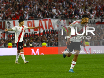 Paulo Diaz of River Plate celebrates after scoring the team's third goal during a Liga Profesional 2024 match between River Plate and Barrac...