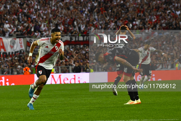 Paulo Diaz of River Plate celebrates after scoring the team's third goal during a Liga Profesional 2024 match between River Plate and Barrac...