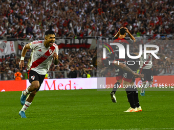 Paulo Diaz of River Plate celebrates after scoring the team's third goal during a Liga Profesional 2024 match between River Plate and Barrac...