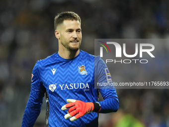 Alex Remiro goalkeeper of Real Sociedad and Spain during the LaLiga match between Real Sociedad and FC Barcelona at Reale Arena on November...