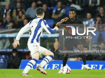 Ansu Fati left winger of Barcelona and Spain during the LaLiga match between Real Sociedad and FC Barcelona at Reale Arena on November 10, 2...