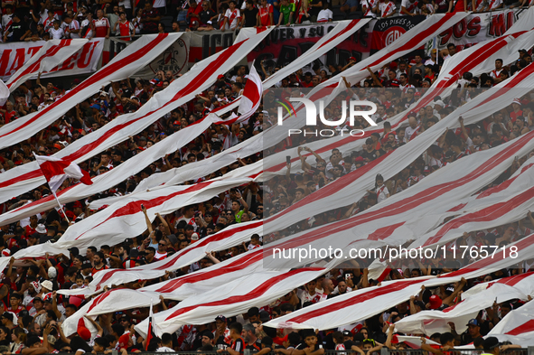 Fans of River Plate show their support for their team before a Liga Profesional 2024 match against Barracas Central at the Estadio Antonio V...