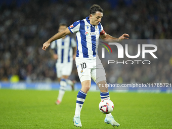 Mikel Oyarzabal centre-forward of Real Sociedad and Spain controls the ball during the LaLiga match between Real Sociedad and FC Barcelona a...