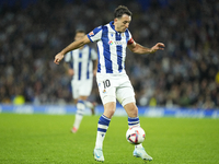 Mikel Oyarzabal centre-forward of Real Sociedad and Spain controls the ball during the LaLiga match between Real Sociedad and FC Barcelona a...