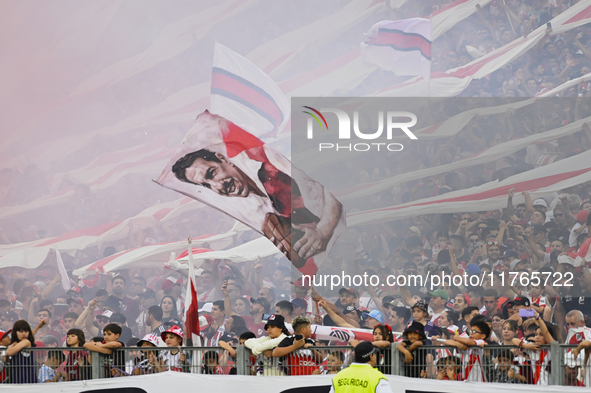 Fans of River Plate show their support for their team before a Liga Profesional 2024 match against Barracas Central at the Estadio Antonio V...