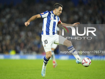 Mikel Oyarzabal centre-forward of Real Sociedad and Spain controls the ball during the LaLiga match between Real Sociedad and FC Barcelona a...