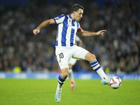 Mikel Oyarzabal centre-forward of Real Sociedad and Spain controls the ball during the LaLiga match between Real Sociedad and FC Barcelona a...