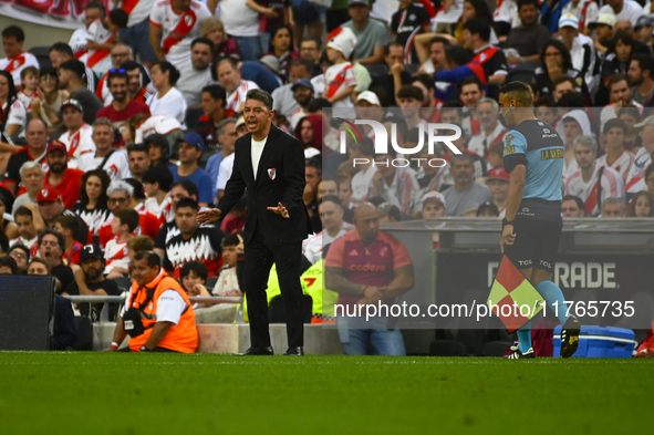 Marcelo Gallardo, coach of River Plate, gives instructions to his team players during a Liga Profesional 2024 match between River Plate and...