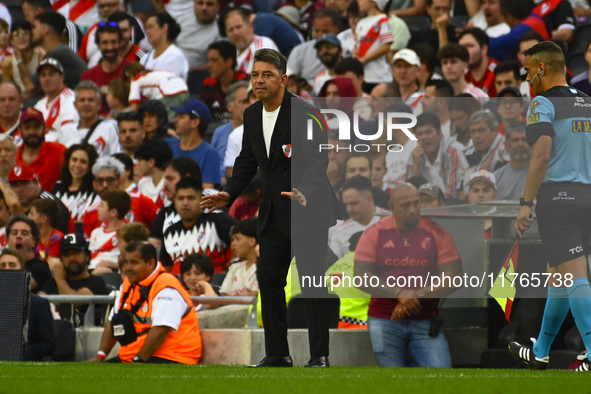 Marcelo Gallardo, coach of River Plate, gives instructions to his team players during a Liga Profesional 2024 match between River Plate and...