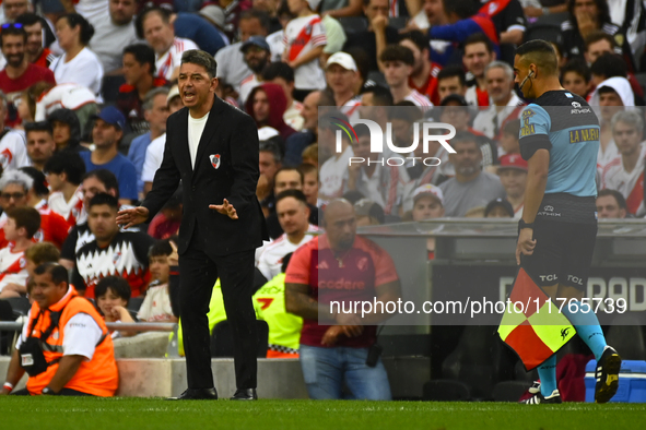 Marcelo Gallardo, coach of River Plate, gives instructions to his team players during a Liga Profesional 2024 match between River Plate and...