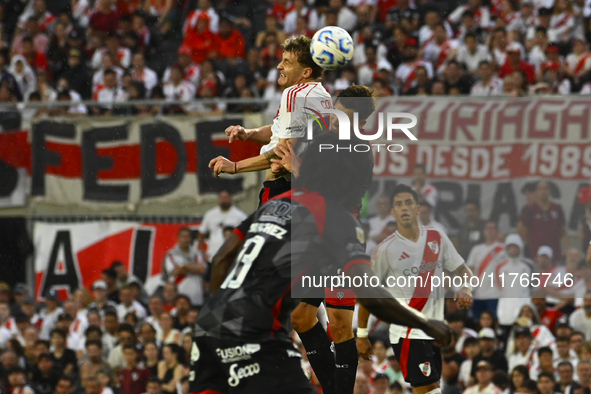 Facundo Colidio of River Plate competes for the ball against Nicolas Caparro of Barracas Central during a Liga Profesional 2024 match betwee...