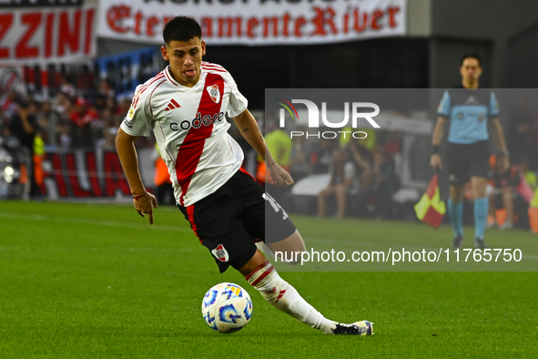 Claudio Echeverry of River Plate kicks the ball during a Liga Profesional 2024 match between River Plate and Barracas Central at Estadio Ant...