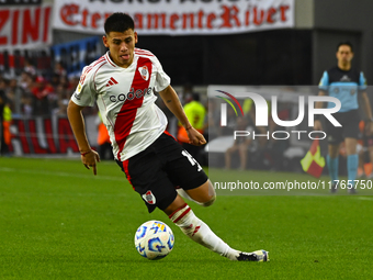 Claudio Echeverry of River Plate kicks the ball during a Liga Profesional 2024 match between River Plate and Barracas Central at Estadio Ant...