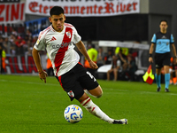 Claudio Echeverry of River Plate kicks the ball during a Liga Profesional 2024 match between River Plate and Barracas Central at Estadio Ant...