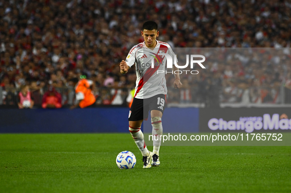 Claudio Echeverry of River Plate kicks the ball during a Liga Profesional 2024 match between River Plate and Barracas Central at Estadio Ant...