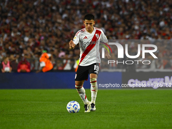 Claudio Echeverry of River Plate kicks the ball during a Liga Profesional 2024 match between River Plate and Barracas Central at Estadio Ant...