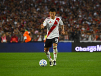 Claudio Echeverry of River Plate kicks the ball during a Liga Profesional 2024 match between River Plate and Barracas Central at Estadio Ant...